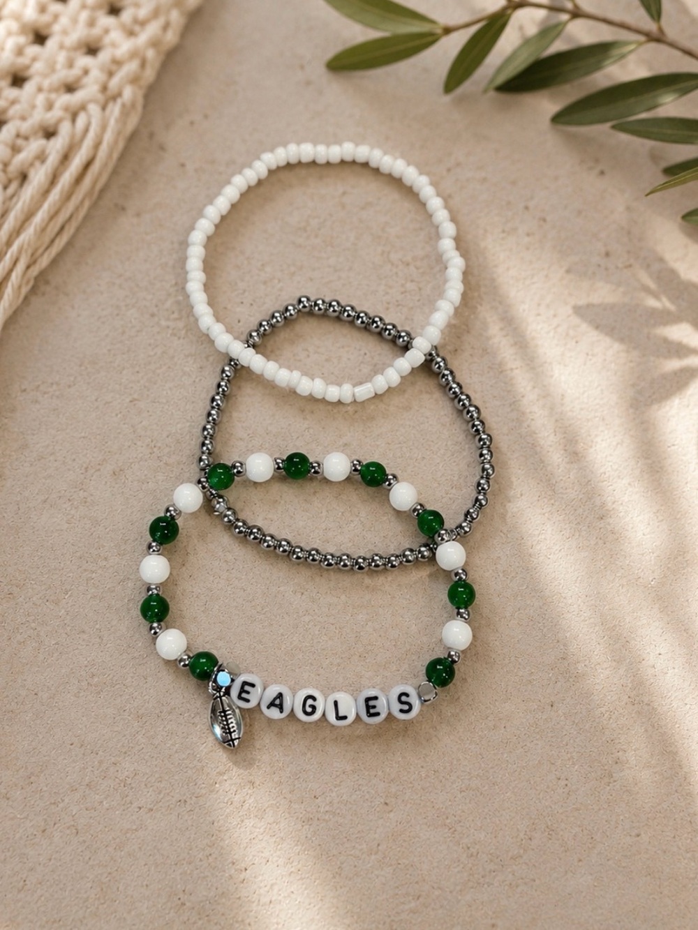 Eagles Beaded Bracelet Set in White, Green & Silver